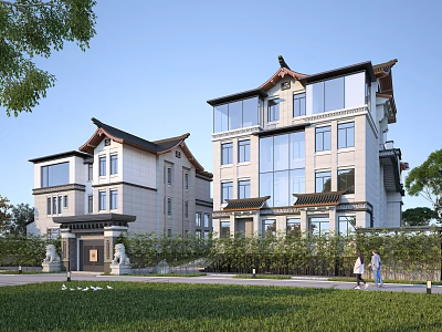 Traditional Chinese Style Detached Villa With Classic Roof Modern Glass Windows And Lush Lawn 3d model