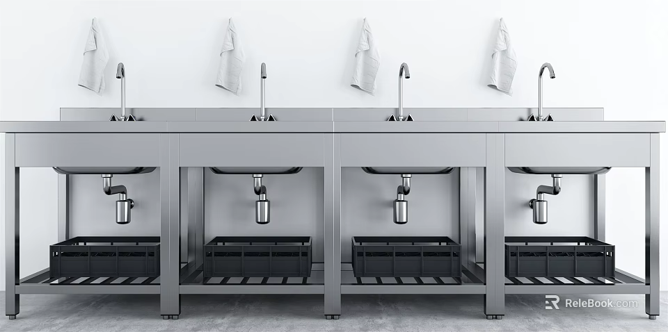 Stainless Steel Multiple Vegetable Washing Sinks In Modern Kitchen With Faucets And Hooks 3d model 