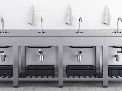 Stainless Steel Multiple Vegetable Washing Sinks In Modern Kitchen With Faucets And Hooks 3d model