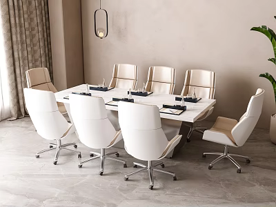 Modern Conference Table With White Ergonomic Chairs In Minimalist Office Interior 3d model