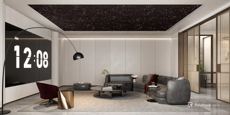 Modern Home Theater Room with Starry Ceiling Gray Sofa Floor Lamp and Green Plant 3d model 