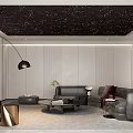 Modern Home Theater Room with Starry Ceiling Gray Sofa Floor Lamp and Green Plant