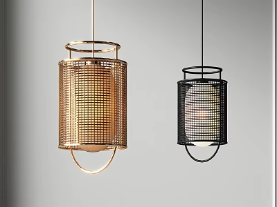 Modern Pendant Lights Gold And Black With Metal Mesh Cylindrical Hanging Design 3d model