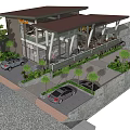 Modern Building Exterior Design With Wooden Roof Large Windows Palm Trees And Parked Cars
