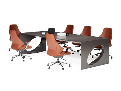 Sleek Modern Conference Table Setup With Black Surface Orange Rolling Chairs And Laptop 3d model