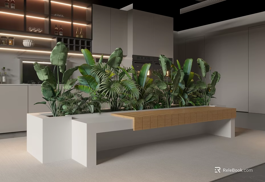 Modern Restaurant Interior Design With Green Plants Wooden Bench And Open Layout 3d model 