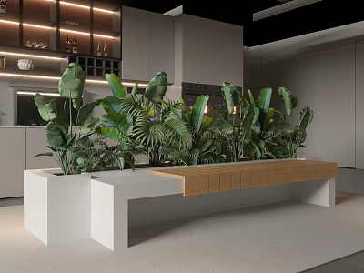 Modern Restaurant Interior Design With Green Plants Wooden Bench And Open Layout 3d model