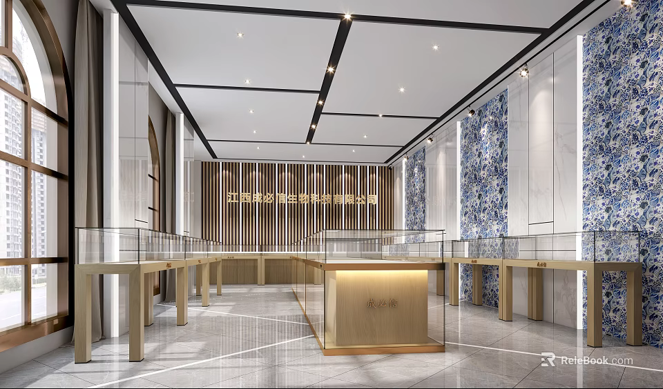Modern Exhibition Hall Interior With Glass Display Cases And Decorative Wall Panels 3d model 