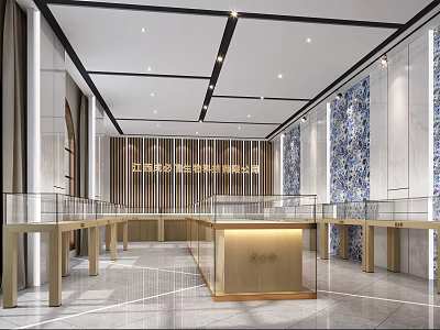 Modern Exhibition Hall Interior With Glass Display Cases And Decorative Wall Panels 3d model