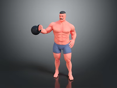Shirtless Muscular Man In Blue Shorts Holding Black Kettlebell 3D Model On Gray Background 3d model