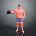 Shirtless Muscular Man In Blue Shorts Holding Black Kettlebell 3D Model On Gray Background