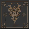Intricate Dragon Carving with Lanterns and Chinese Borders on Blue Background for Chinese New Year