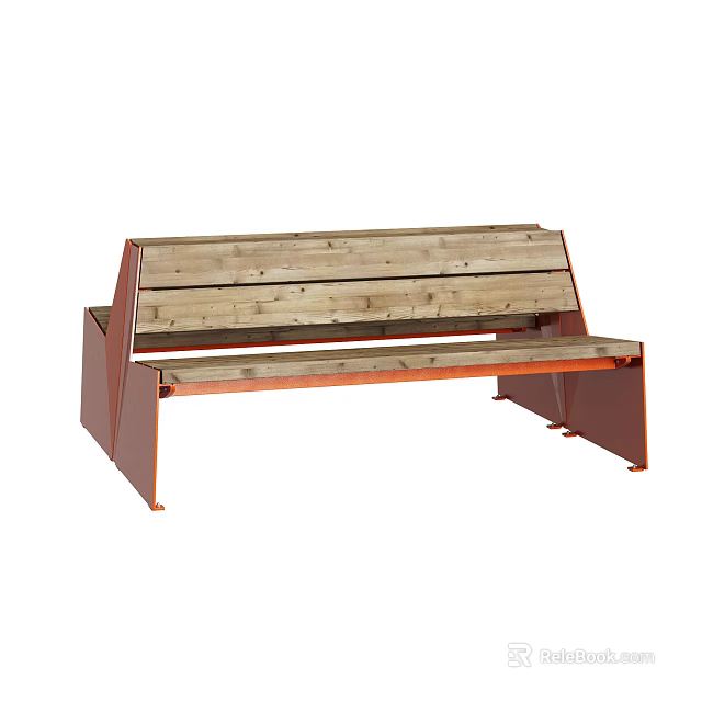 Slatted Wooden Outdoor Bench With Red Metal Frame For Garden Patio Use 3d model 