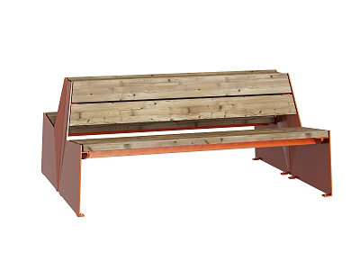 Slatted Wooden Outdoor Bench With Red Metal Frame For Garden Patio Use 3d model
