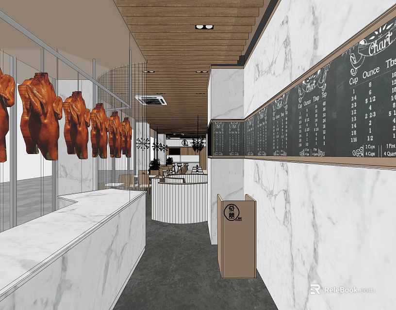 Roast Chicken Restaurant Interior With Glass Display Case Menu Blackboard Marble Walls And Wooden Ceiling 3d model 