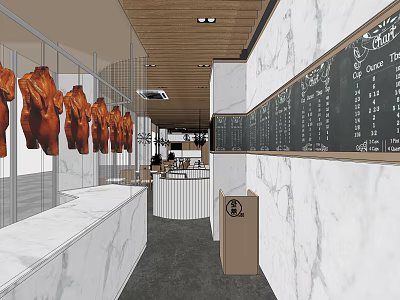 Roast Chicken Restaurant Interior With Glass Display Case Menu Blackboard Marble Walls And Wooden Ceiling 3d model