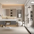 Modern Bathroom Interior With Double Sink Vanity Large Mirror Glass Shower And Storage Cabinets