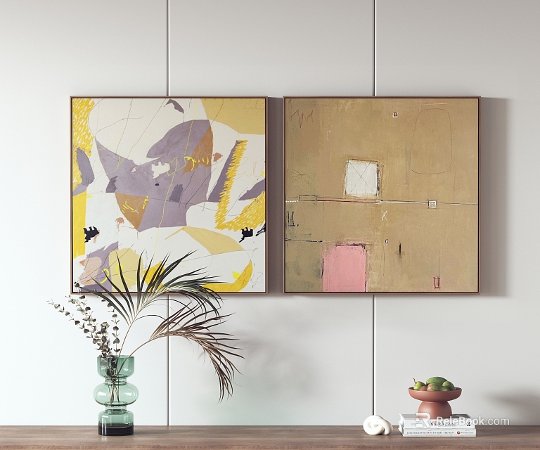 Abstract Paintings Featuring Geometric Shapes Yellow Purple Beige Pink Textured Wall Art With Green Plant 3d model 
