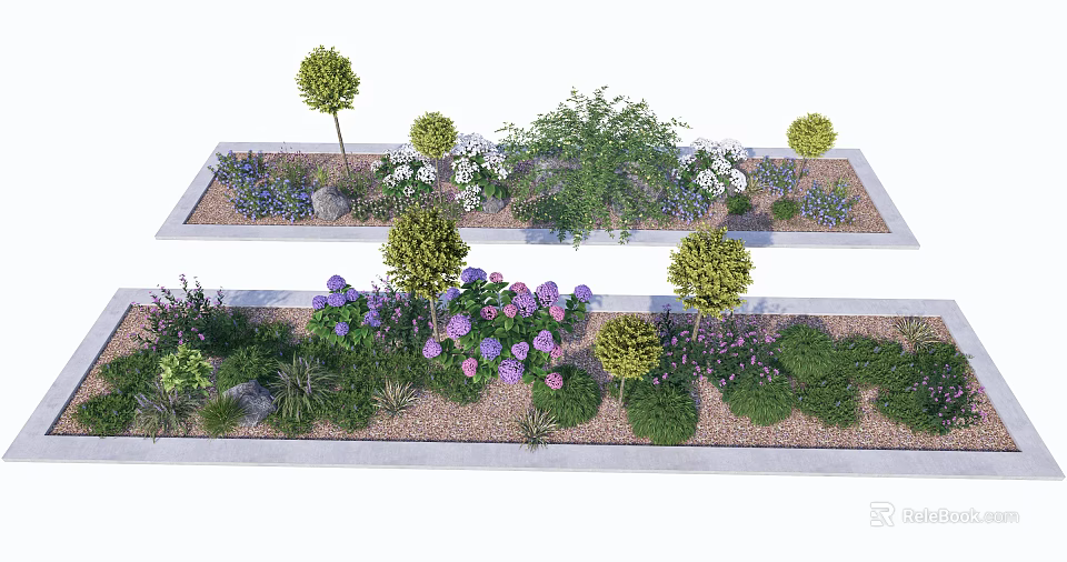 Tree Planter Landscaping with Diverse Trees Shrubs Colorful Flowers and Mulch 3d model 
