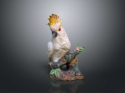 White Cockatoo Sculpture With Yellow Crest Red Eyes Perched On Branch With Green Leaves 3d model