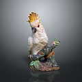 White Cockatoo Sculpture With Yellow Crest Red Eyes Perched On Branch With Green Leaves