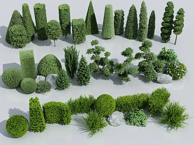 Various Shaped Garden Bushes With Different Sizes And Natural Green Foliage 3d model