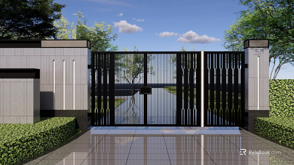 Modern Building Exterior Wall With Black Vertical Slats Gate Green Shrubs And Sleek Design 3d model 
