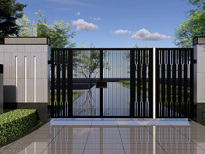 Modern Building Exterior Wall With Black Vertical Slats Gate Green Shrubs And Sleek Design 3d model