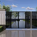 Modern Building Exterior Wall With Black Vertical Slats Gate Green Shrubs And Sleek Design