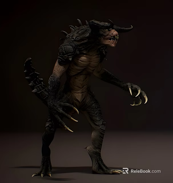 Reptilian Creature With Horns Sharp Teeth Scaly Skin And Claws In Ferocious Stance 3d model 