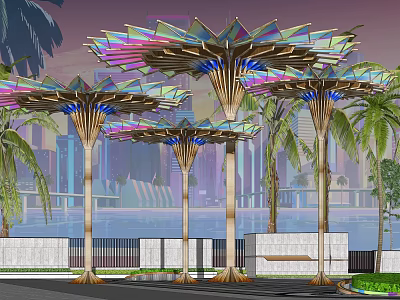 Pergola With Colorful Glass Canopy Wooden Structure Supports Palm Trees City Skyline And Blue Lighting 3d model