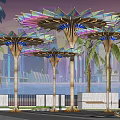 Pergola With Colorful Glass Canopy Wooden Structure Supports Palm Trees City Skyline And Blue Lighting