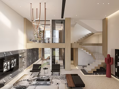 Modern Dining and Living Room Interior Design With Open Concept Chandelier And Leather Sofa 3d model