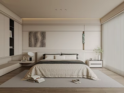 Modern Minimalist Bedroom Interior With Platform Bed Nightstand Decorative Art And Blinds 3d model