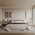 Modern Minimalist Bedroom Interior With Platform Bed Nightstand Decorative Art And Blinds