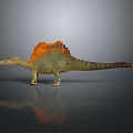 3D Dinosaur Model With Green Body Orange Sail Like Structure And Reflection On Gray Background