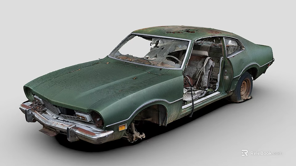 Old Green Abandoned Car With Rusted Body Open Doors And Damaged Interior 3d model 