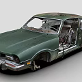 Old Green Abandoned Car With Rusted Body Open Doors And Damaged Interior