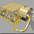 Colorful Playground Equipment With Yellow White Striped Canopy Cartoon Duck Design Slide And Netted Enclosure