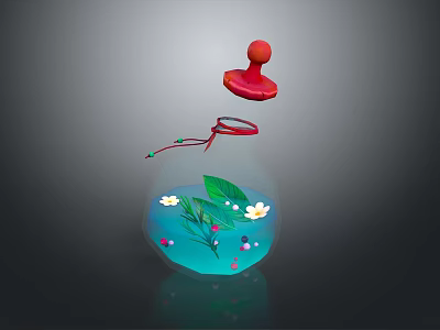 Decorative Transparent Bottle With Red Lid Blue Liquid White Flowers Green Leaves And Colorful Beads 3d model