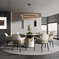 Private Dining Room With Round Table Green Chairs Chandelier Large Windows And Gray Walls