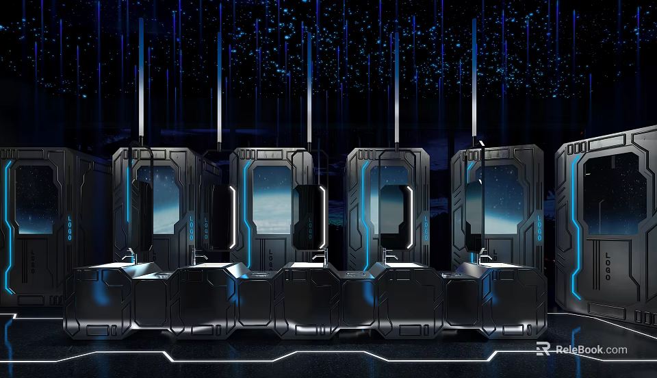 Modern Futuristic Public Restroom With Black Metal Partitions And Blue Lighting 3d model 