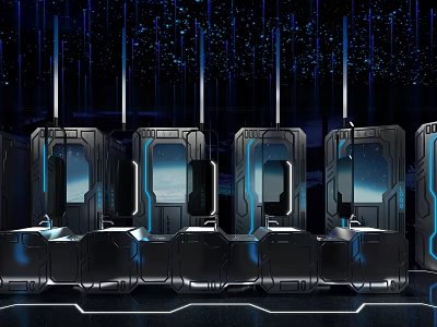 Modern Futuristic Public Restroom With Black Metal Partitions And Blue Lighting 3d model