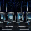 Modern Futuristic Public Restroom With Black Metal Partitions And Blue Lighting