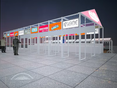 Colorful Temporary Retail Stalls With Various Signs And White Frame At Night 3d model