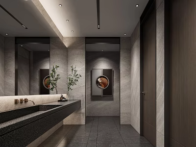Modern Public Restroom Interior With Marble Walls Long Sink And Mirrors 3d model