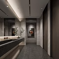 Modern Public Restroom Interior With Marble Walls Long Sink And Mirrors