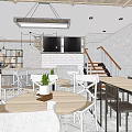 Modern Café Interior With Wooden Tables Chairs Decorative Vases And Staircase