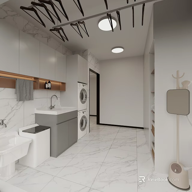 Modern Bathroom With Marble Walls Sink Washing Machine Cabinets And Ceiling Lights 3d model 
