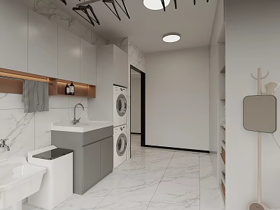 Modern Bathroom With Marble Walls Sink Washing Machine Cabinets And Ceiling Lights 3d model